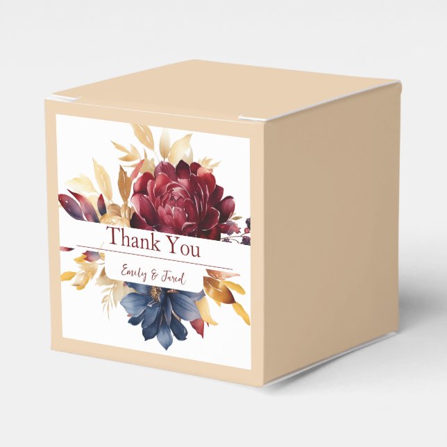 Navy Burgundy Autumn Watercolor Floral Favor Box (Front Side)