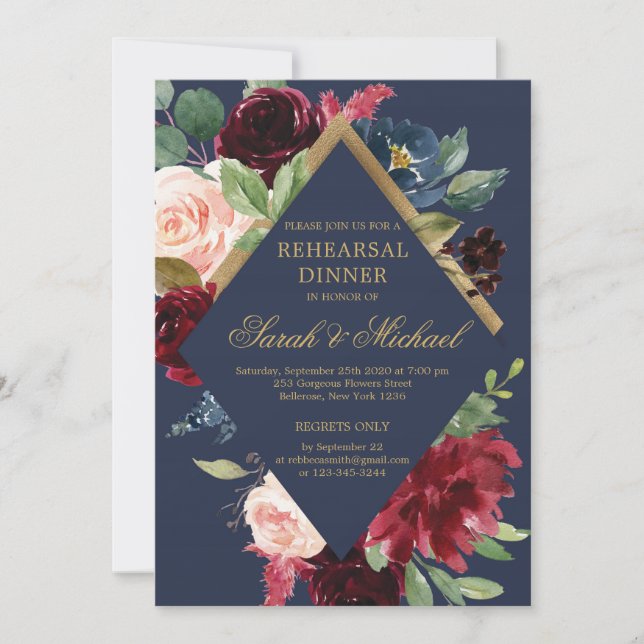 Navy burgundy blush boho floral rehearsal dinner invitation (Front)