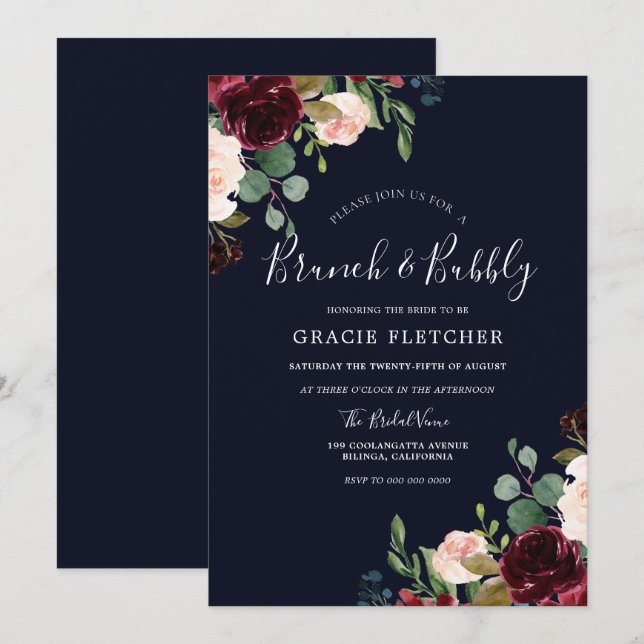 Navy Burgundy Blush Bridal Shower Brunch & Bubbly Invitation (Front/Back)
