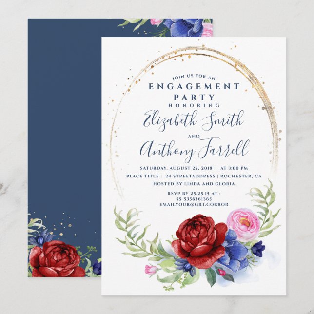 Navy Burgundy Blush Floral Engagement Party Invitation (Front/Back)