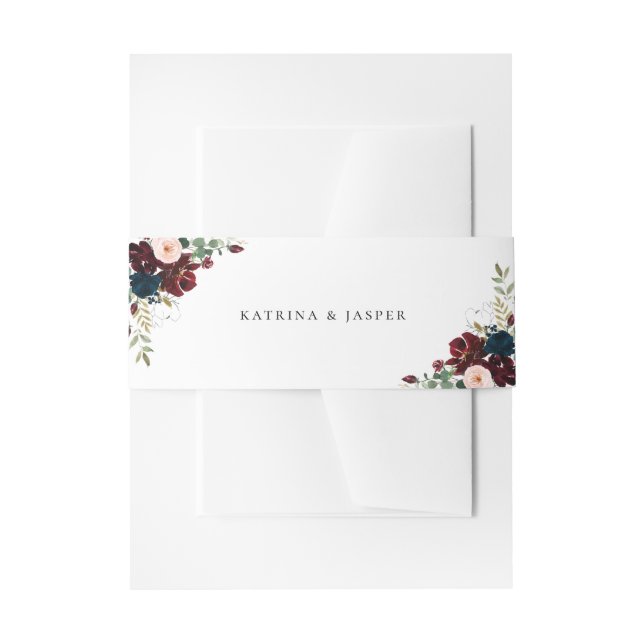 Navy Burgundy Blush Floral Fall Wedding Invitation Belly Band (Front Example)