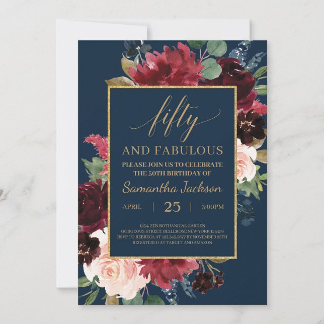 Navy burgundy blush floral gold boho 50th birthday invitation (Front)