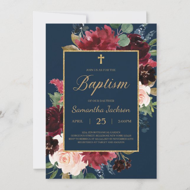 Navy burgundy blush floral gold frame baptism invitation (Front)