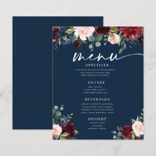 Navy Burgundy Blush Floral Wedding Flat Menu
