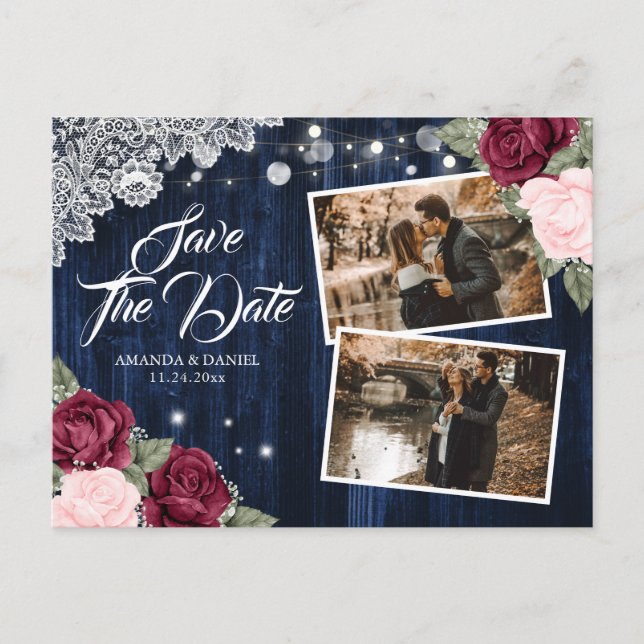 Navy Burgundy Blush Floral Wood Lace Wedding Photo Announcement Postcard (Front)