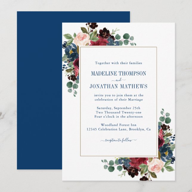 Navy Burgundy Blush Peonies Eucalyptus Wedding Invitation (Front/Back)