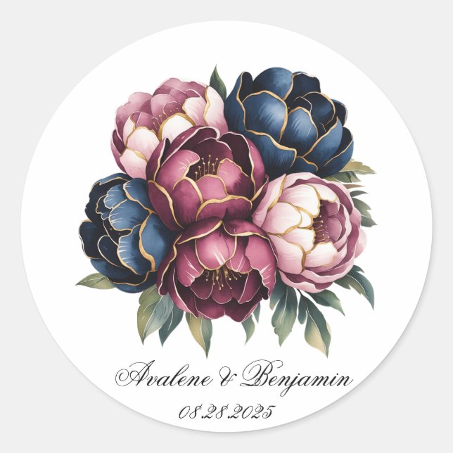 Navy Burgundy Blush Pink Peony Wedding Classic Round Sticker (Front)