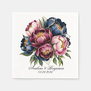 Navy Burgundy Blush Pink Peony Wedding Napkin