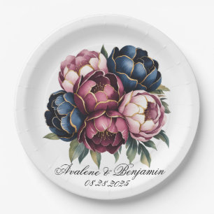 Navy Burgundy Blush Pink Peony Wedding Paper Plate