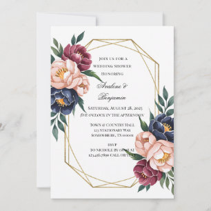 Navy Burgundy Blush Pink Peony Wedding Shower Invitation
