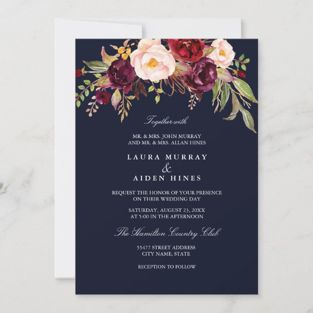 Navy Burgundy Blush Watercolor Floral Wedding Invitation (Front)