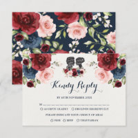 Navy Burgundy Blush Watercolor Flower Wedding RSVP