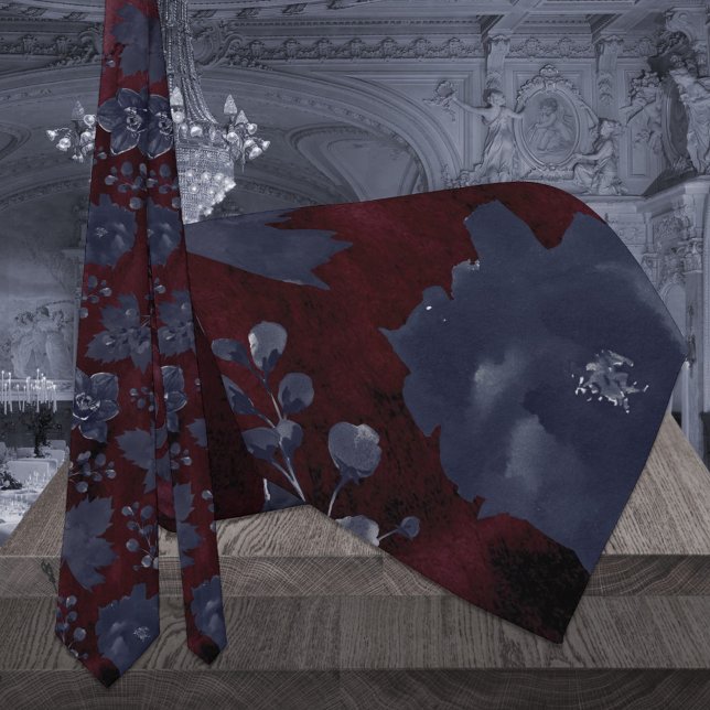 Navy Burgundy Bordeaux Peony Elegant Wedding Neck  Tie (Creator Uploaded)