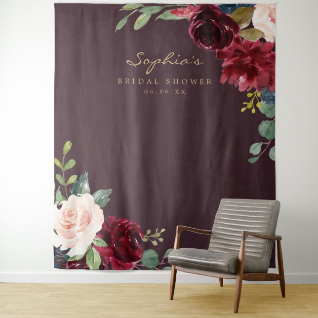 Navy Burgundy Bridal Shower Decor Backdrop Tapestry (In Situ)