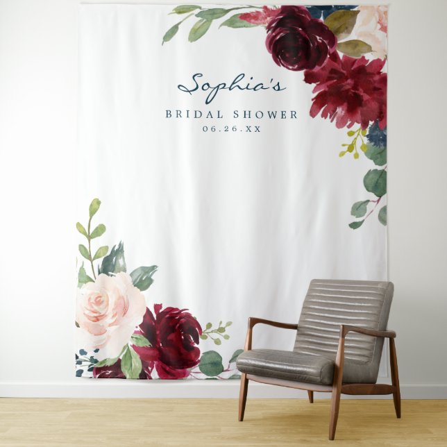 Navy Burgundy Bridal Shower Decor Backdrop Tapestry (In Situ)