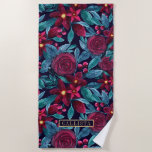 Navy Burgundy Christmas Floral Watercolor Monogram Beach Towel<br><div class="desc">This elegant and modern Christmas holiday pattern is perfect for the festive vibe. It features hand-painted berry burgundy, yellow, and teal green watercolor flowers, holly berries, and leaves on top of a navy blue background. It's chic, pretty, artistic, and unique; the perfect design for your family and friends. Stylize with...</div>