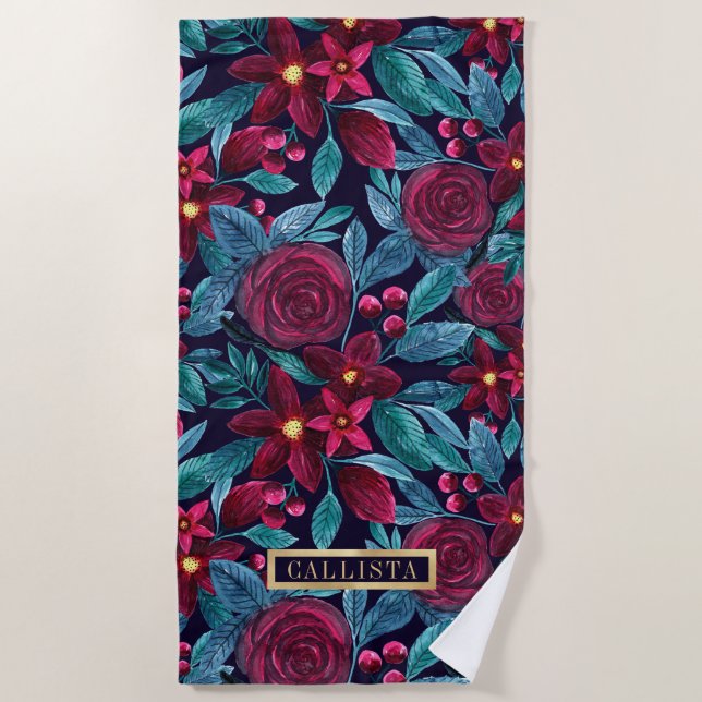 Navy Burgundy Christmas Floral Watercolor Monogram Beach Towel (Front)