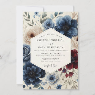 Navy & Burgundy Classic Floral Wedding Invitation