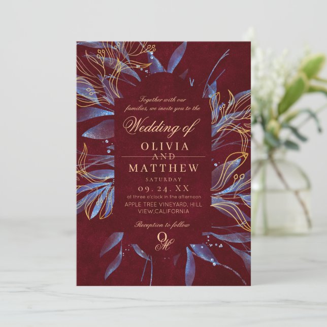 Navy & Burgundy Classic Monogram Wedding Invitation (Standing Front)