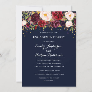 Navy Burgundy Confetti Floral Engagement Party Invitation