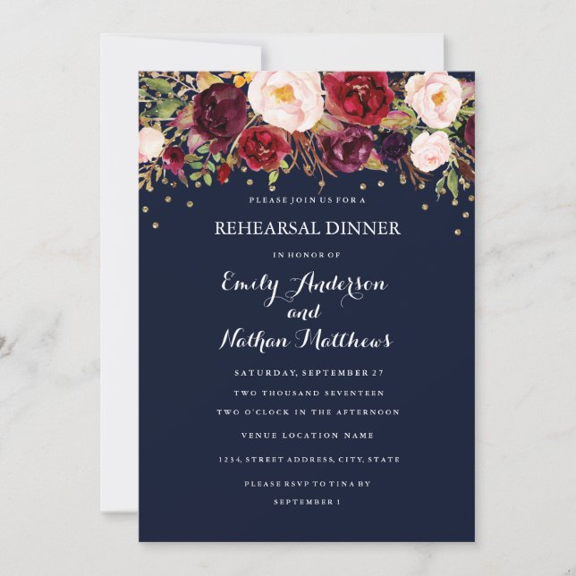 Navy Burgundy Confetti Floral Rehearsal Dinner Invitation (Front)