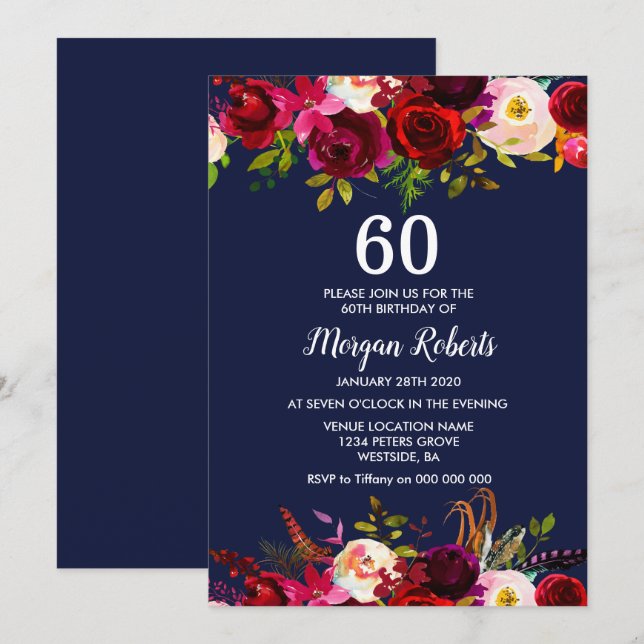 Navy Burgundy Floral 60th Birthday Party Invite (Front/Back)