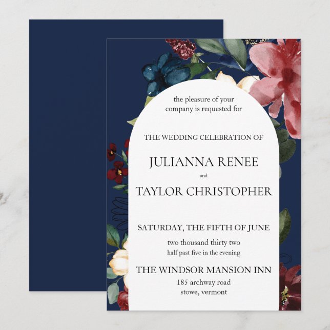Navy & Burgundy Floral Arch Wedding Invitation (Front/Back)