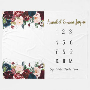 Navy, burgundy floral Baby 1st year Milestone  Fle Fleece Blanket