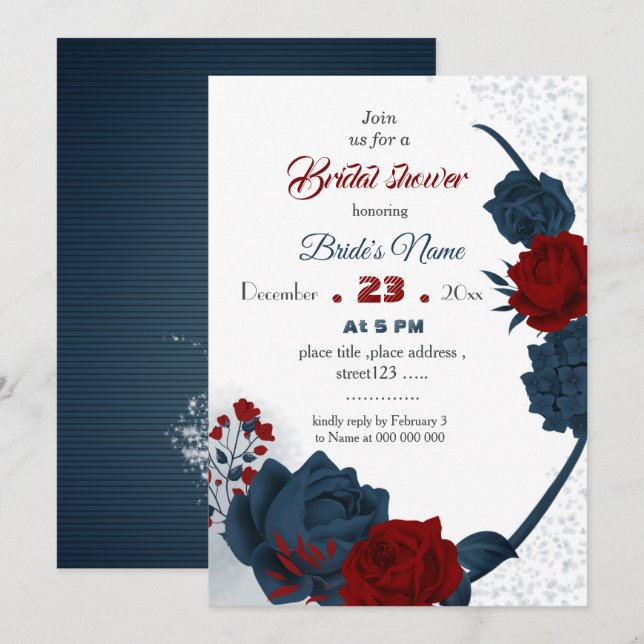 navy & burgundy floral botanical bridal shower invitation (Front/Back)