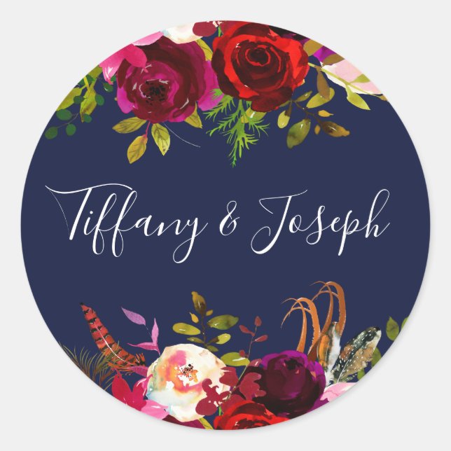 Navy Burgundy Floral Engagement Party Wedding Classic Round Sticker (Front)
