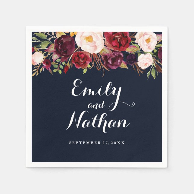 Navy Burgundy Floral Fall Wedding Napkin (Front)