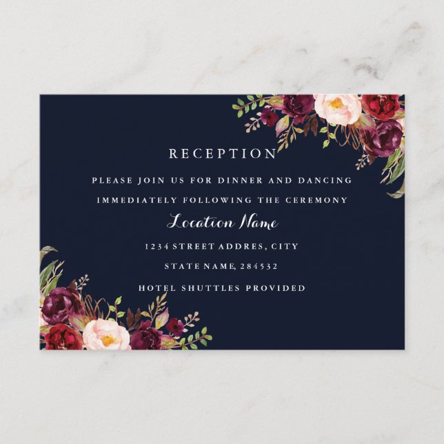 Navy Burgundy Floral Fall Wedding Reception Card (Front)