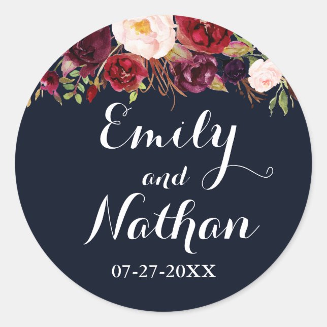 Navy Burgundy Floral Fall Wedding Sticker (Front)