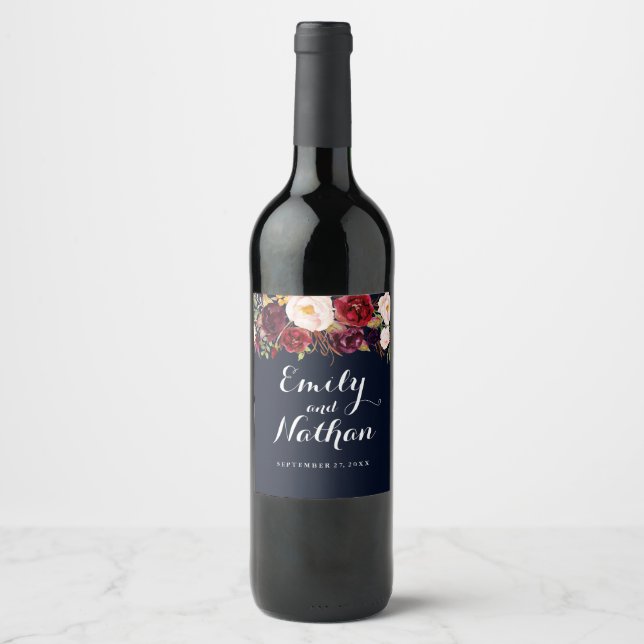 Navy Burgundy Floral Fall Wedding Wine Label (Front)