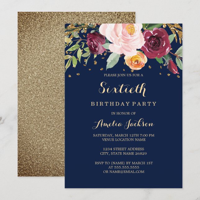 Navy Burgundy Floral Glitter 60th Birthday Party Invitation (Front/Back)