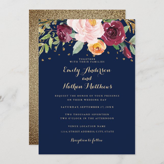 Navy Burgundy Floral Glitter Wedding Invitation (Front/Back)