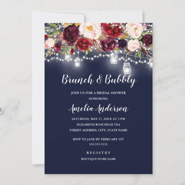 Navy Burgundy Floral Lights Brunch And Bubbly Invitation (Front)