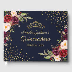 Navy Burgundy Floral Quinceanera Guest Book