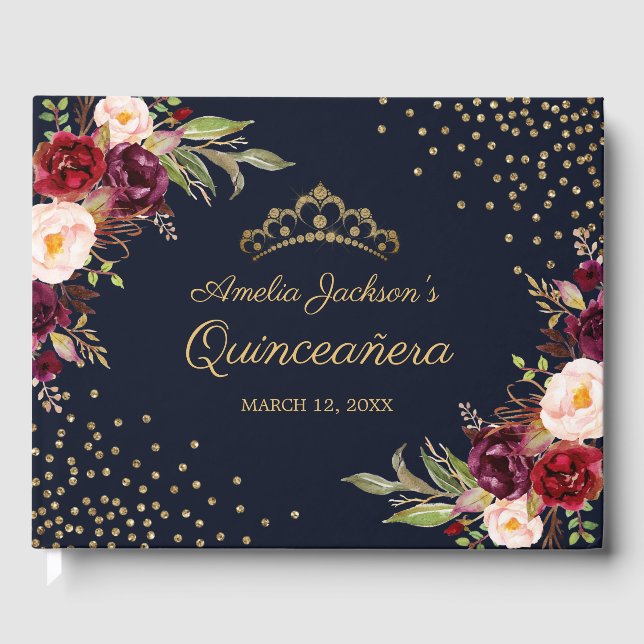 Navy Burgundy Floral Quinceanera Guest Book (Front)