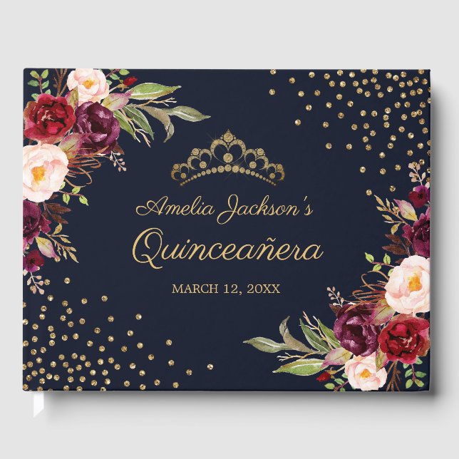 Navy Burgundy Floral Quinceanera Livre d'or (Recto)
