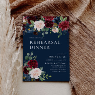 Navy Burgundy Floral Rehearsal Dinner Invitation