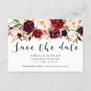 Navy Burgundy Floral Save the Date Card