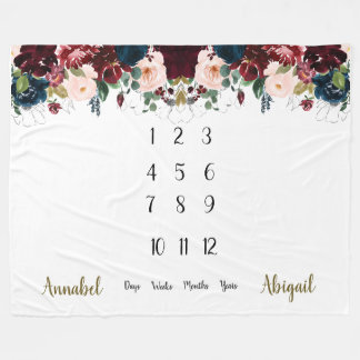 Navy, burgundy floral Twins Milestone Fleece Blanket