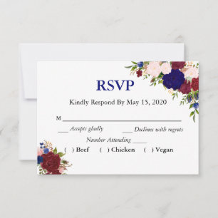 Navy Burgundy Floral Watercolor RSVP Wedding Meal Card