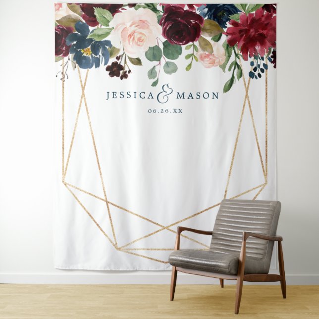 Navy Burgundy Floral Wedding Decor Backdrop Tapestry (In Situ)