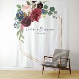 Navy Burgundy Floral Wedding Decor Backdrop Tapestry