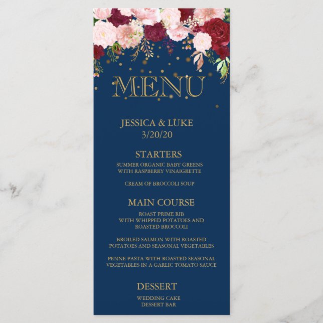 Navy Burgundy Floral Wedding Gold Confetti Menu (Front)