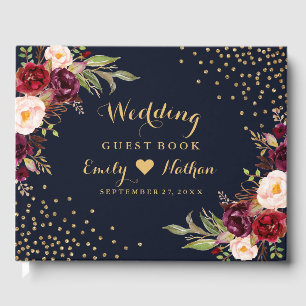 Navy Burgundy Floral Wedding Guest Book