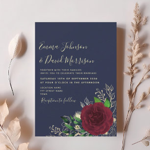Navy Burgundy Floral Wedding Invitation