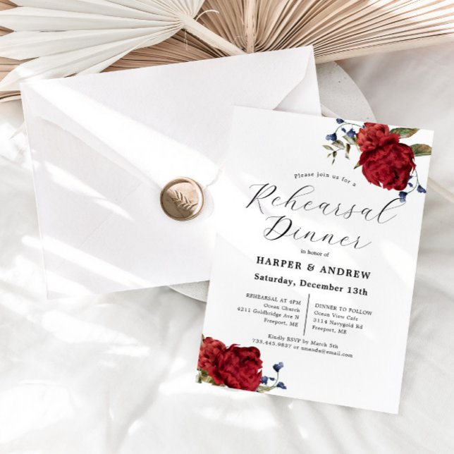 Navy Burgundy Floral Wedding Rehearsal Dinner  Invitation (Creator Uploaded)